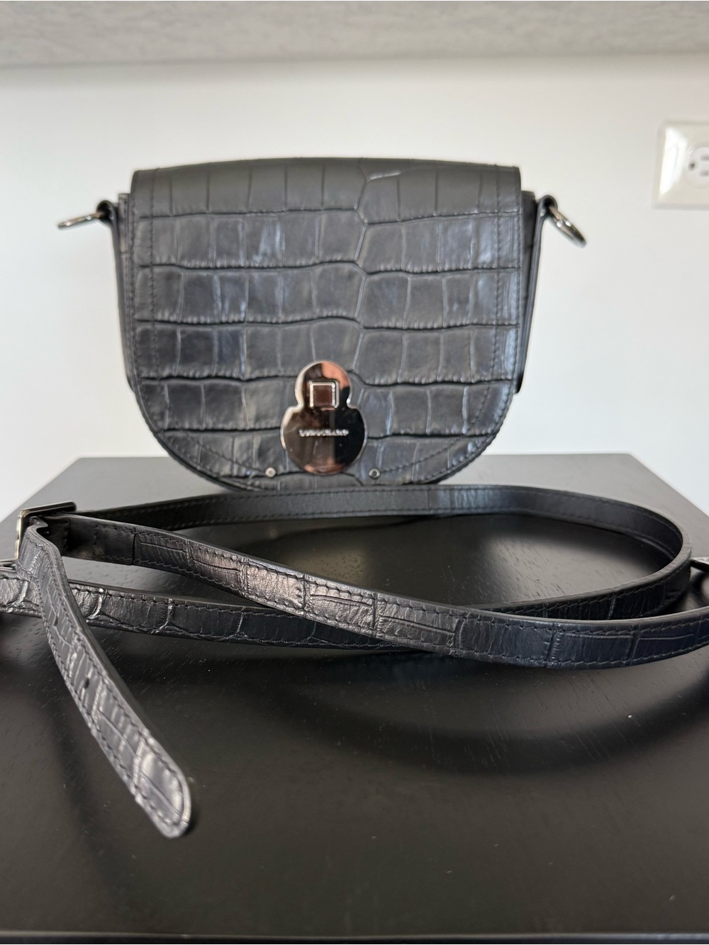 Longchamp Cavalcade Small Black Croc-Embossed Leather Crossbody Saddle Bag